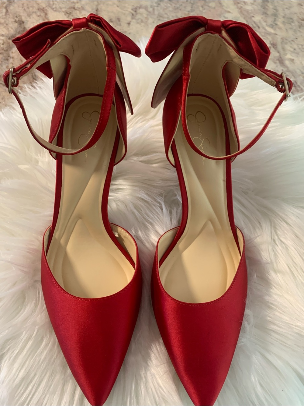 Red Satin Pointed-Toe Ankle-Strap Heels with Bow Accent by Jessica Simpson 9.5M